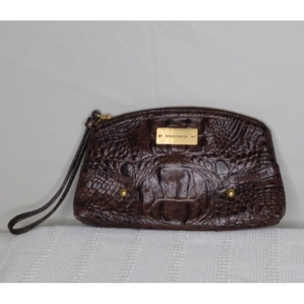 Brahmin Brown Crocodile Embossed Leather Wristlet Clutch Handbag Wallet‎ Purse